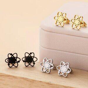 Silver Stainless Steel Nuclear Atom Earrings in Silver, Gold, or Black.
